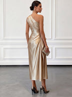 Women's One-Shoulder Ruched Sheen Midi Dress