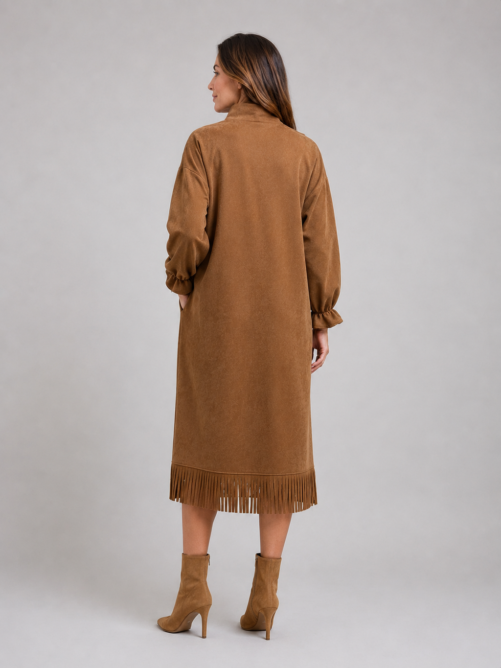 Midikleid in Wildleder-Optik mit Stehkragen und Fr Saum