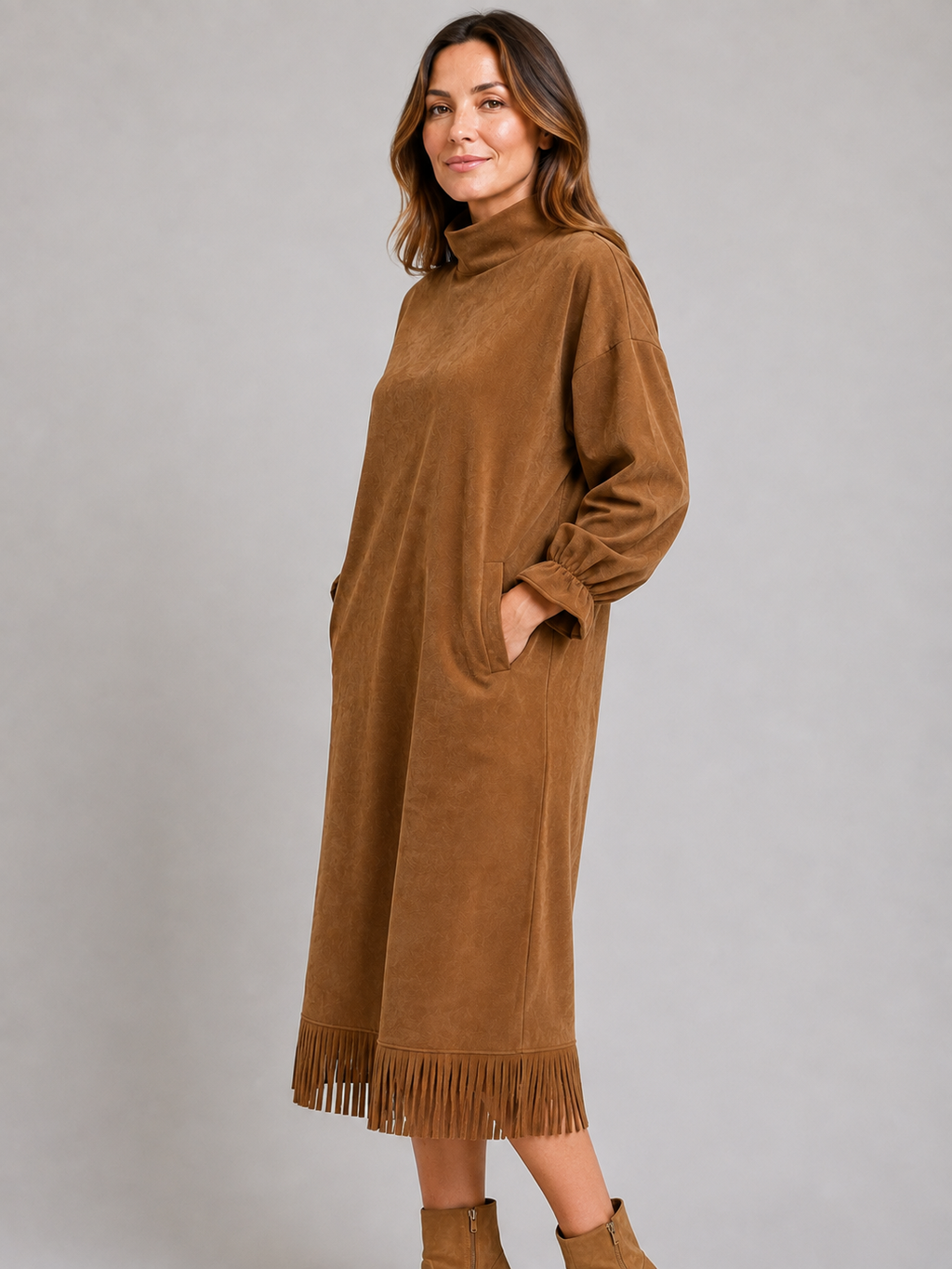 Midikleid in Wildleder-Optik mit Stehkragen und Fr Saum