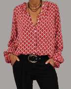 Women's Blouse with V-Neck, Long Sleeves, Button Detail and Geometric Pattern - Red