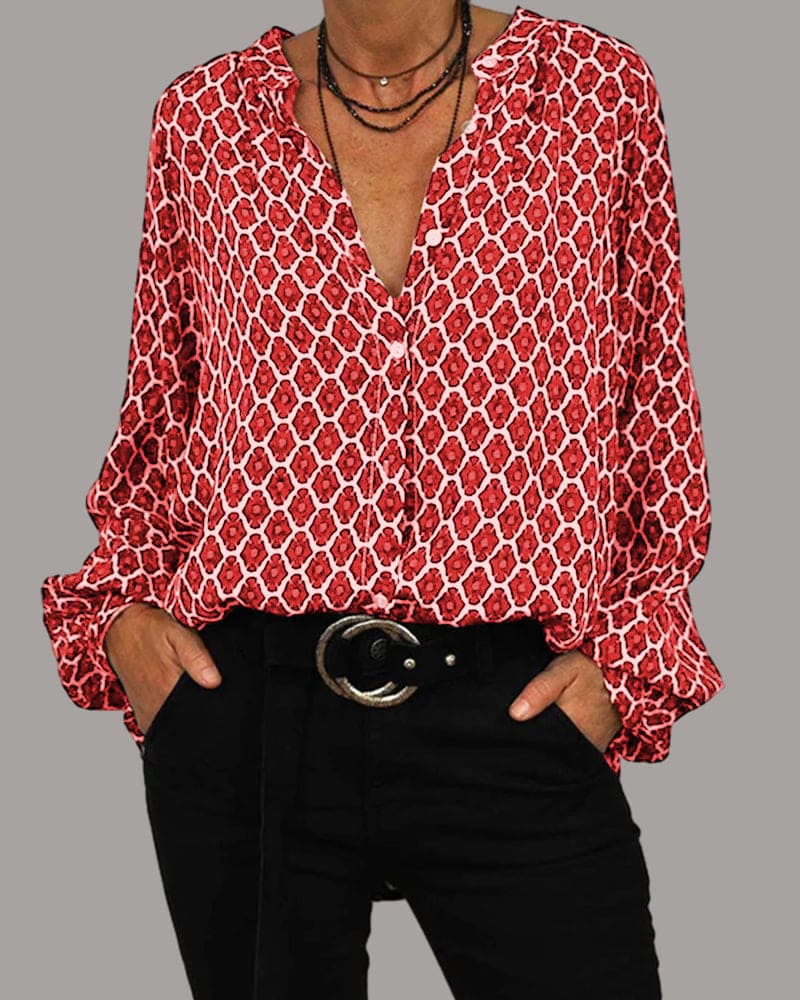 Women's Blouse with V-Neck, Long Sleeves, Button Detail and Geometric Pattern - Red