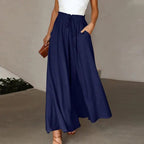 Damenhose mit hoher Taille aus Leinen, weitem Bein, Kordelzug und Taschen