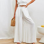 Damenhose mit hoher Taille aus Leinen, weitem Bein, Kordelzug und Taschen