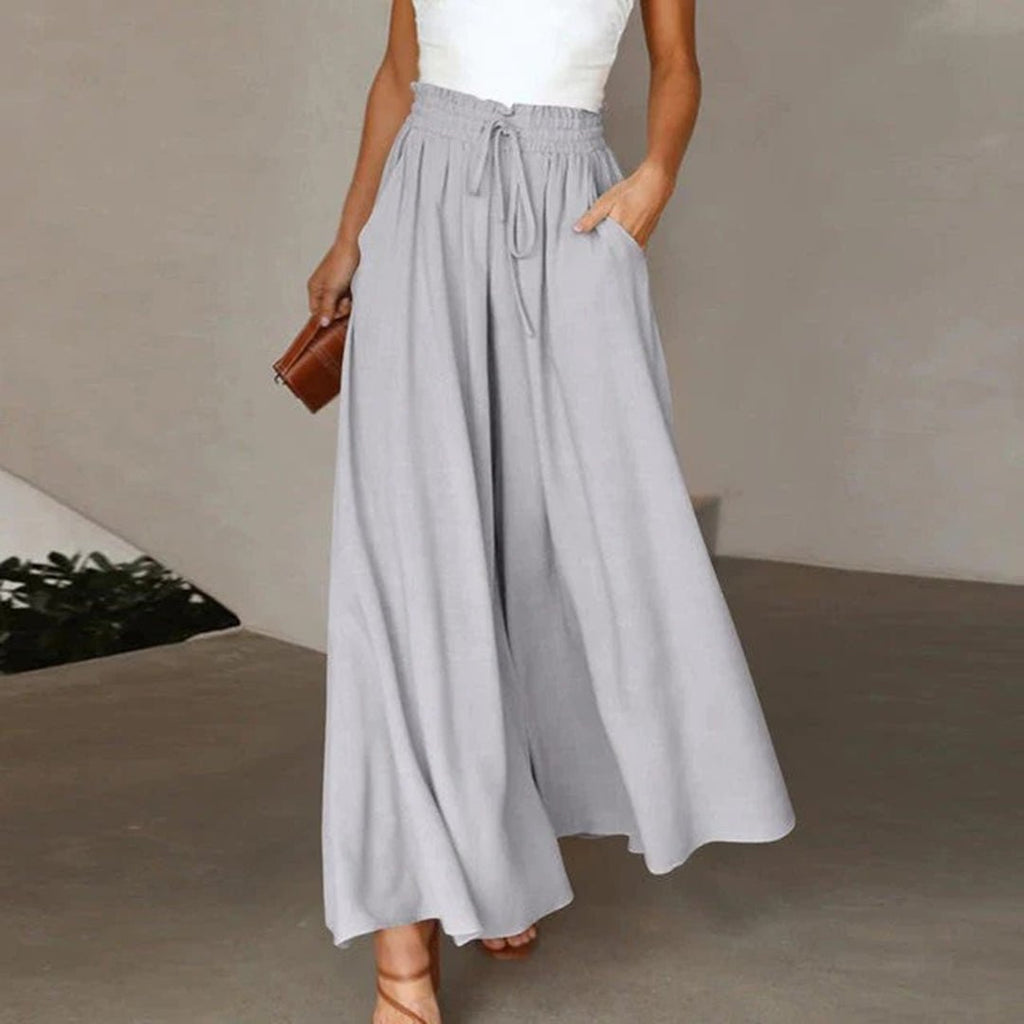 Damenhose mit hoher Taille aus Leinen, weitem Bein, Kordelzug und Taschen