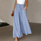 Damenhose mit hoher Taille aus Leinen, weitem Bein, Kordelzug und Taschen