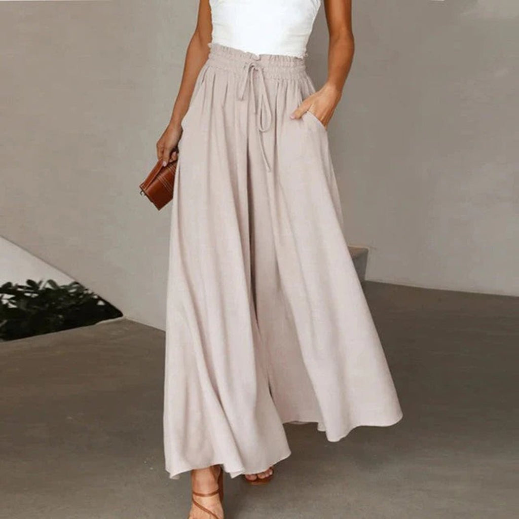 Damenhose mit hoher Taille aus Leinen, weitem Bein, Kordelzug und Taschen