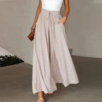 Damenhose mit hoher Taille aus Leinen, weitem Bein, Kordelzug und Taschen