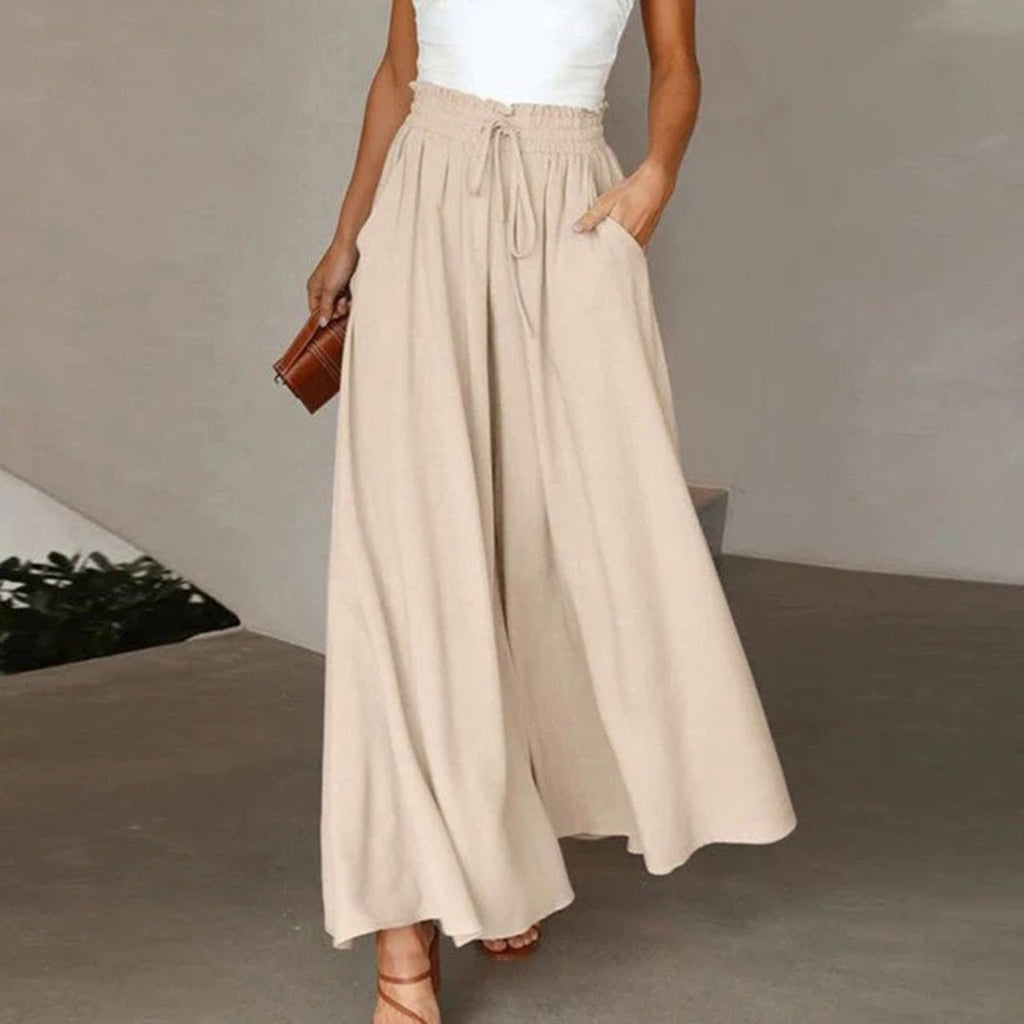 Damenhose mit hoher Taille aus Leinen, weitem Bein, Kordelzug und Taschen