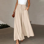 Damenhose mit hoher Taille aus Leinen, weitem Bein, Kordelzug und Taschen
