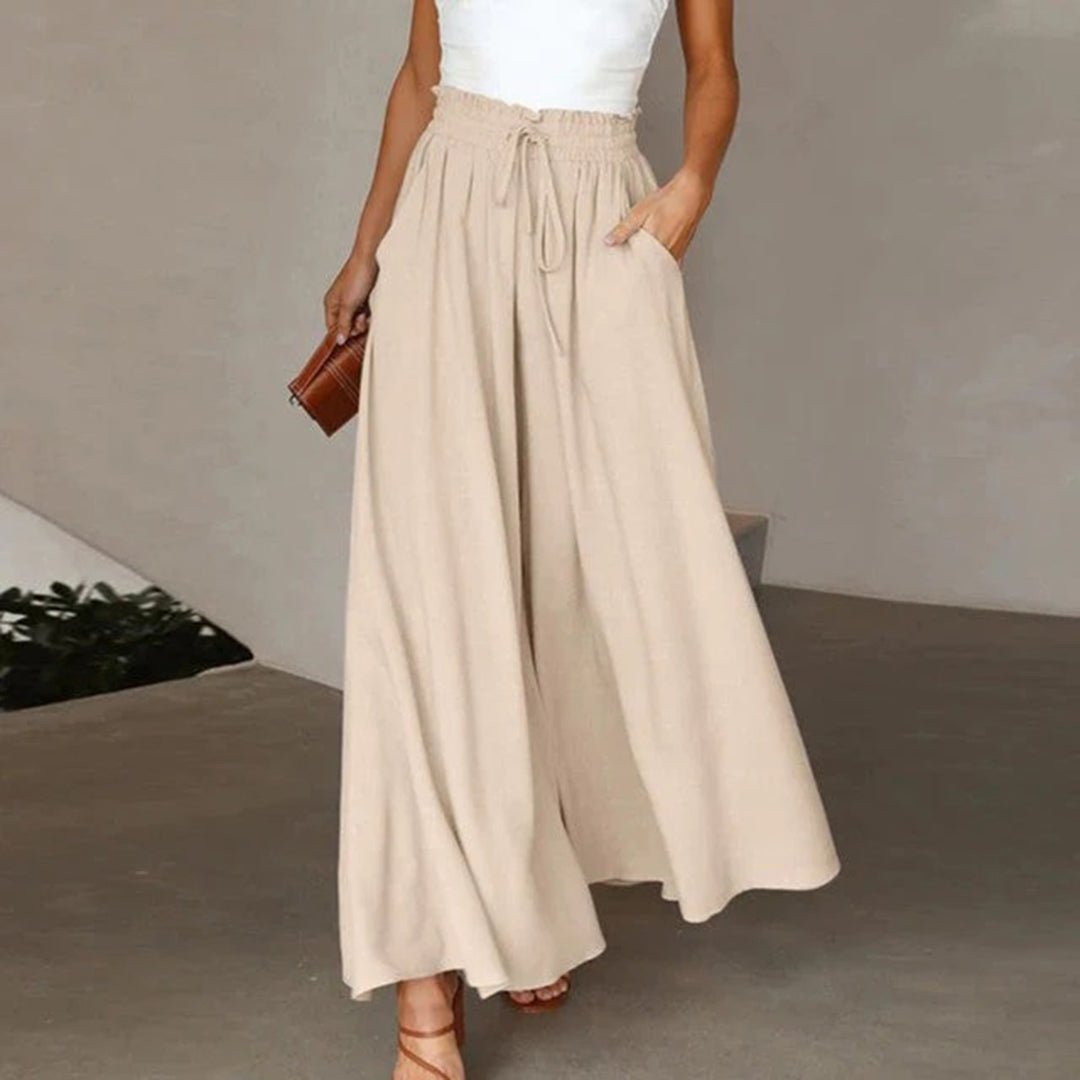 Damenhose mit hoher Taille aus Leinen, weitem Bein, Kordelzug und Taschen