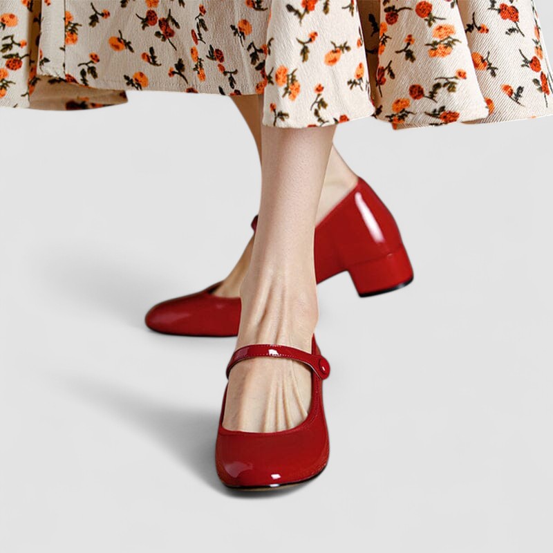 Women's Mary Jane Shoes with Buckle Strap and Flat Sole - Red