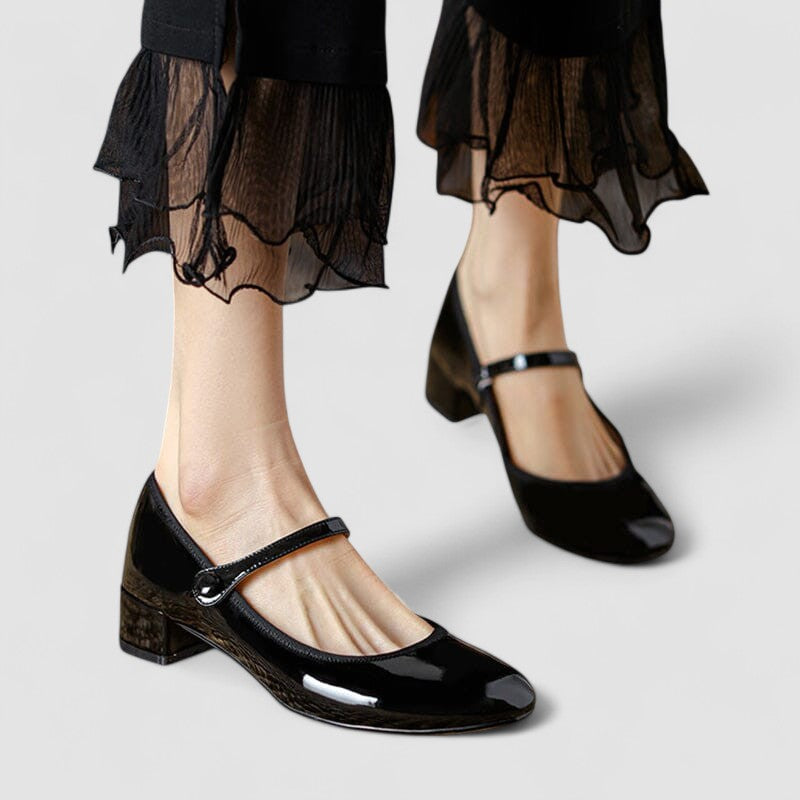 Women's Mary Jane Shoes with Buckle Strap and Flat Sole - Black