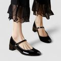 Women's Mary Jane Shoes with Buckle Strap and Flat Sole - Black