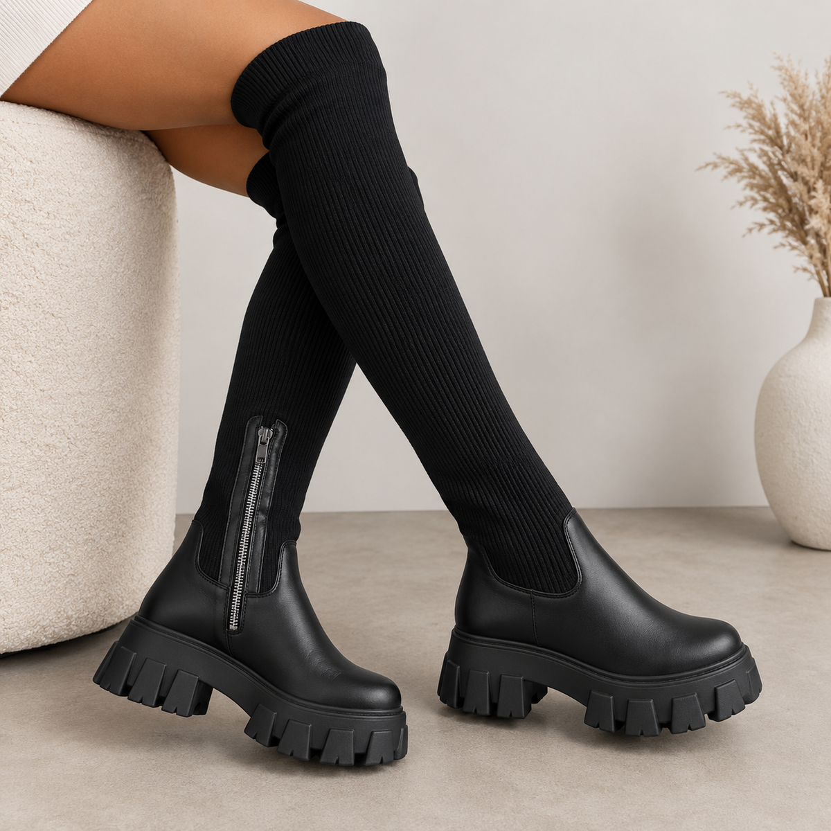 Women's Over-the-Knee Boots with Stretch Design and Platform Sole