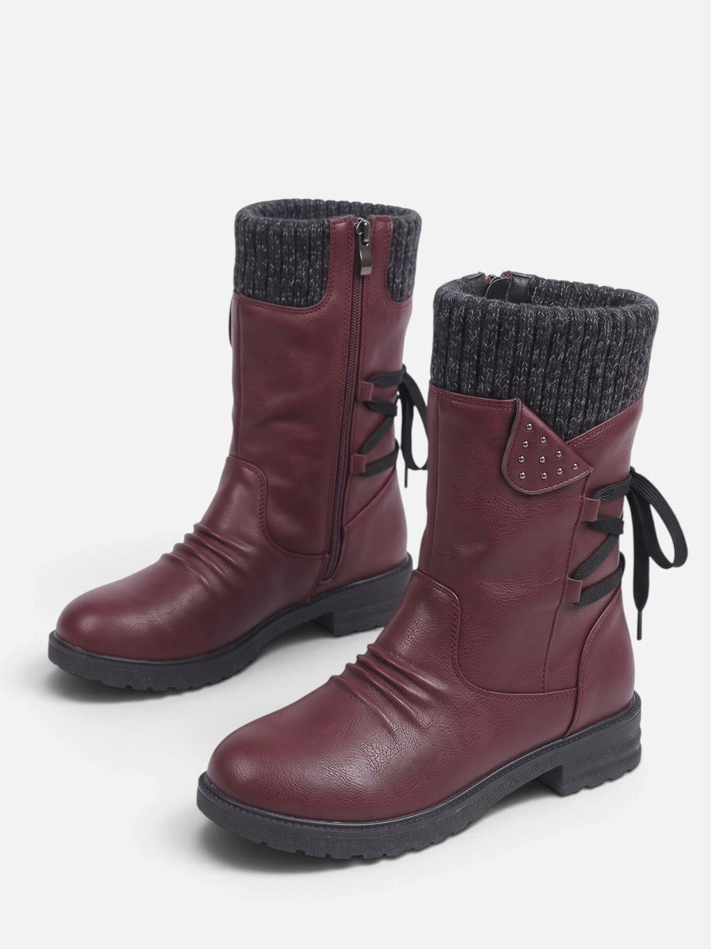 Women's Mid-Calf Boots Leather with Mesh Turn-Up Side Zip