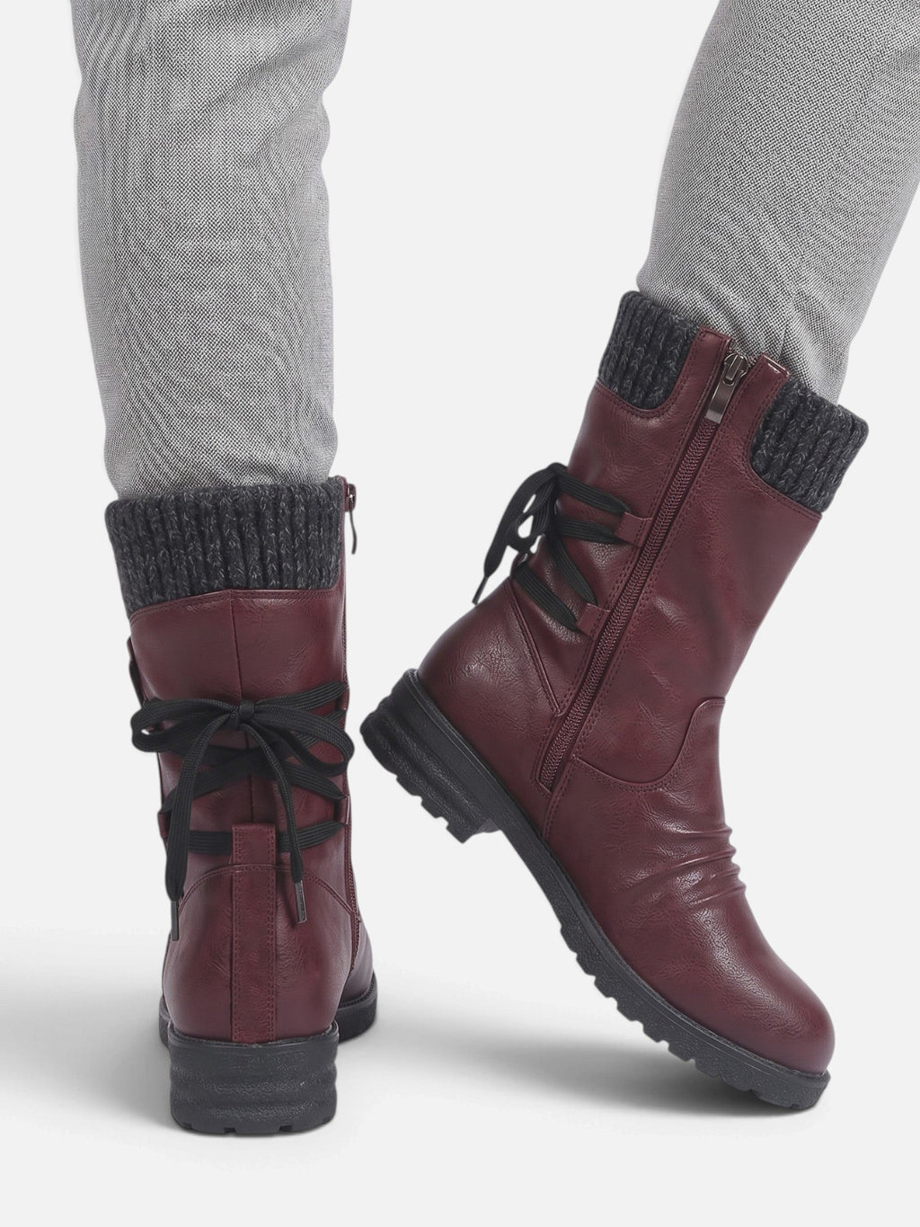 Women's Mid-Calf Boots Leather with Mesh Turn-Up Side Zip