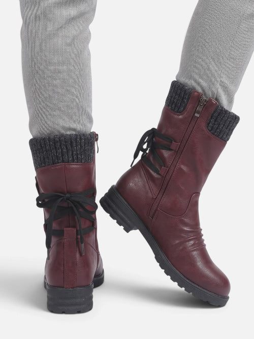 Women's Mid-Calf Boots Leather with Mesh Turn-Up Side Zip