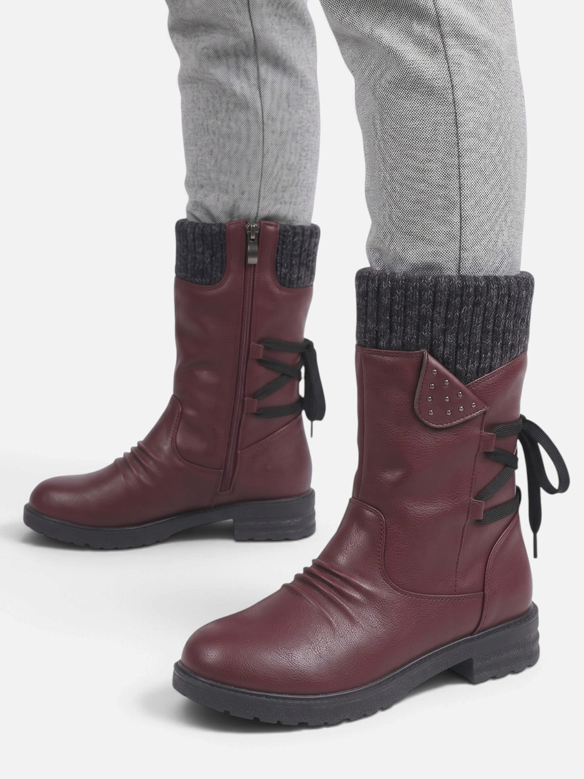 Women's Mid-Calf Boots Leather with Mesh Turn-Up Side Zip
