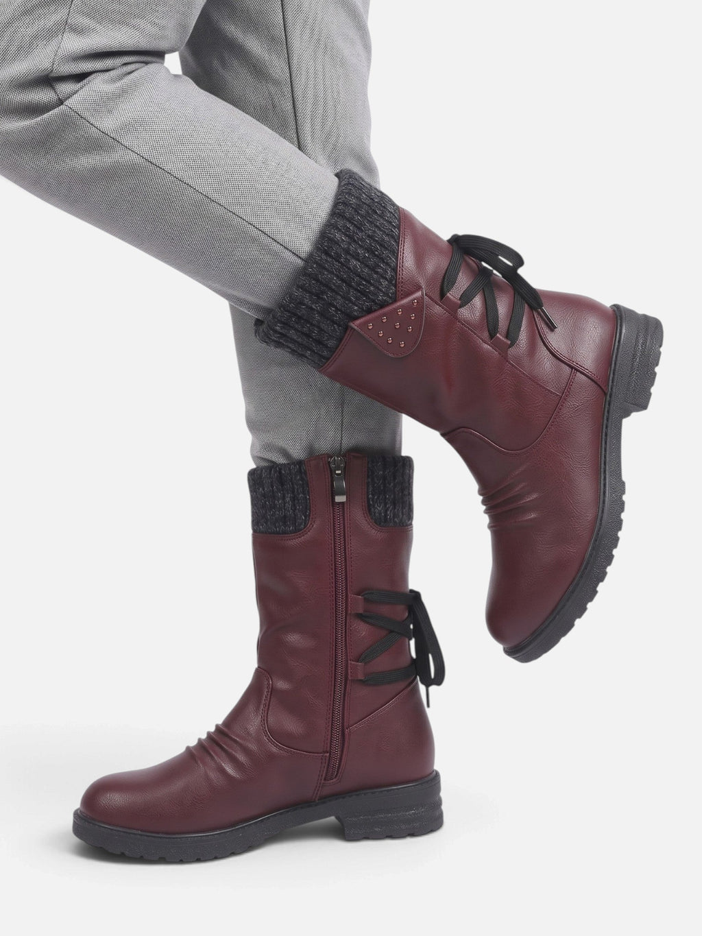 Women's Mid-Calf Boots Leather with Mesh Turn-Up Side Zip