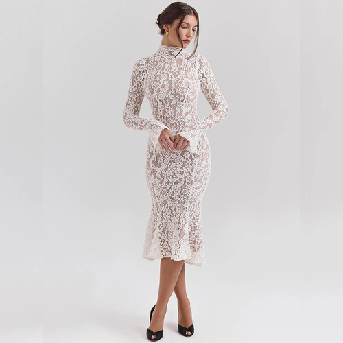 Vestido elegante de encaje con cuello alto | Vestido midi formal