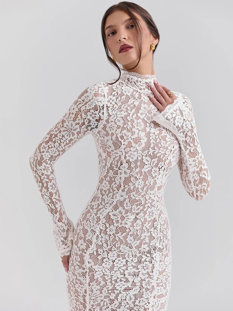 Elegantes Spitzenkleid mit Stehkragen | Formelles Midikleid