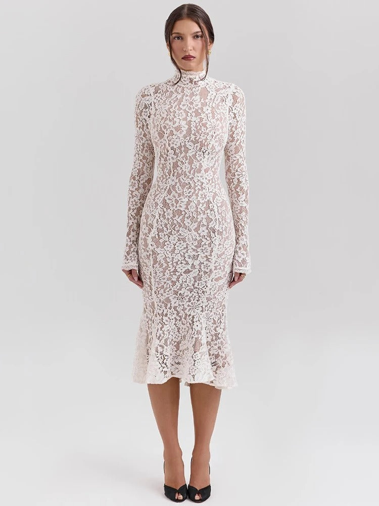 Elegantes Spitzenkleid mit Stehkragen | Formelles Midikleid
