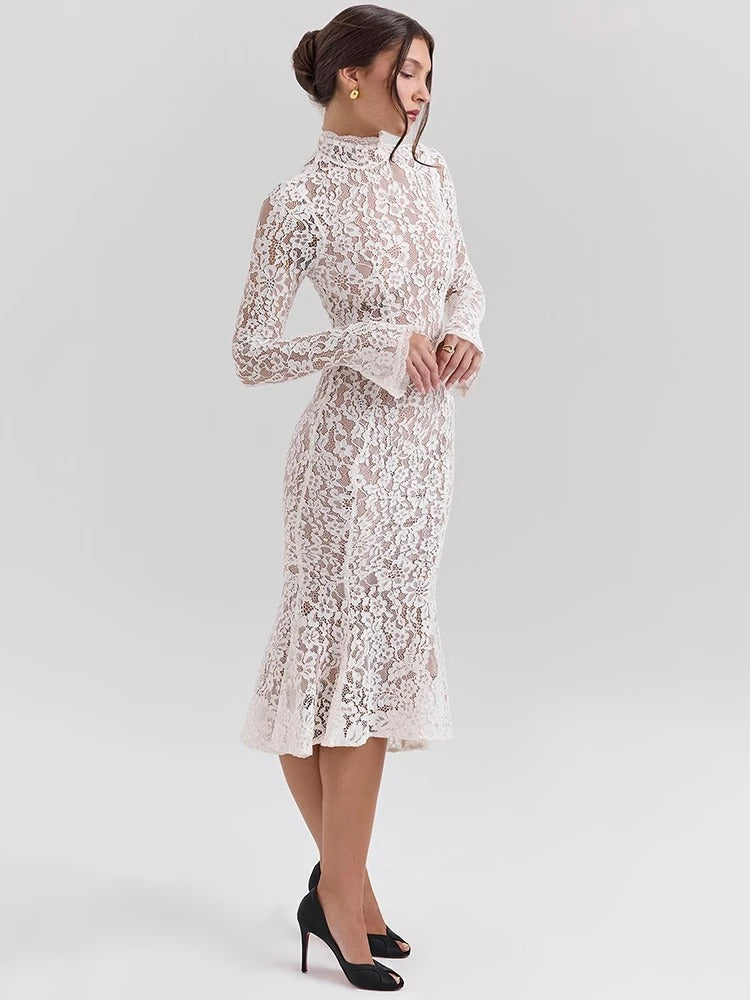 Elegantes Spitzenkleid mit Stehkragen | Formelles Midikleid
