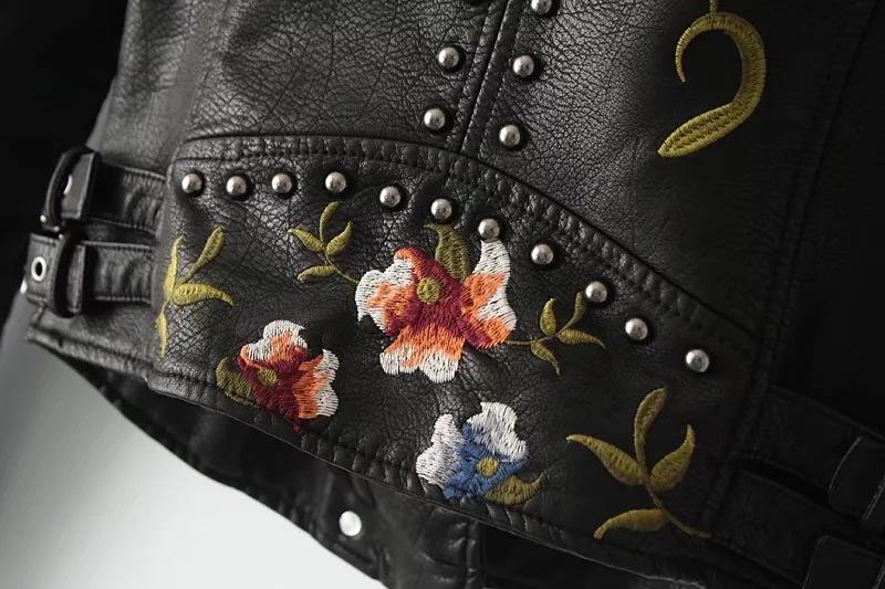 Chaqueta de cuero elegante para mujer con bordado floral