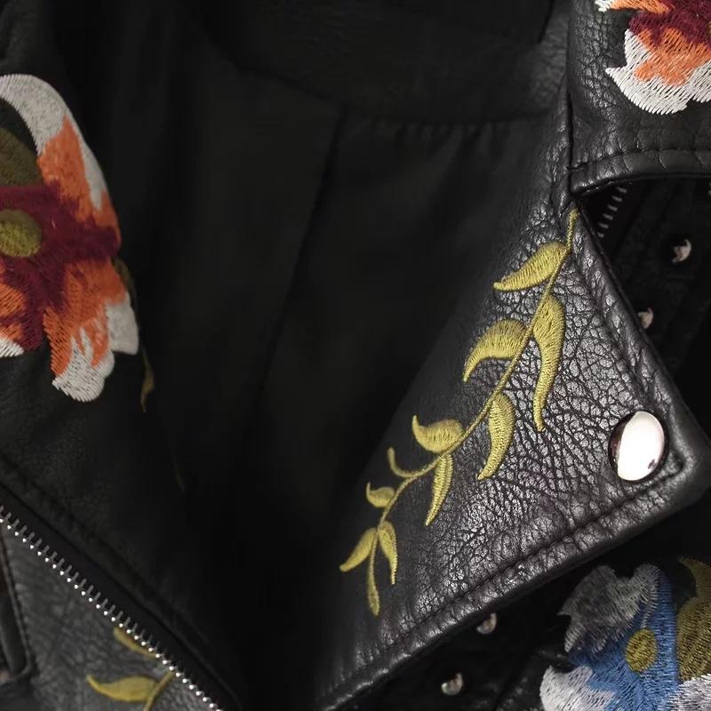 Chaqueta de cuero elegante para mujer con bordado floral