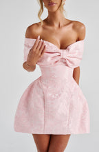 Women’s Off Shoulder Bow Bardot Mini Dress | Structured Tulip Skirt