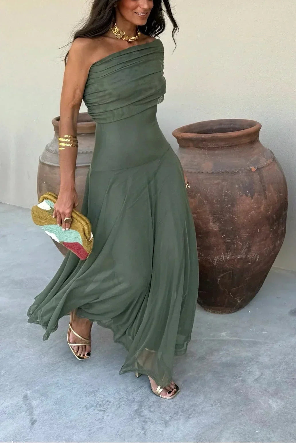 Elegant Pleated One-Shoulder Maxi Dress