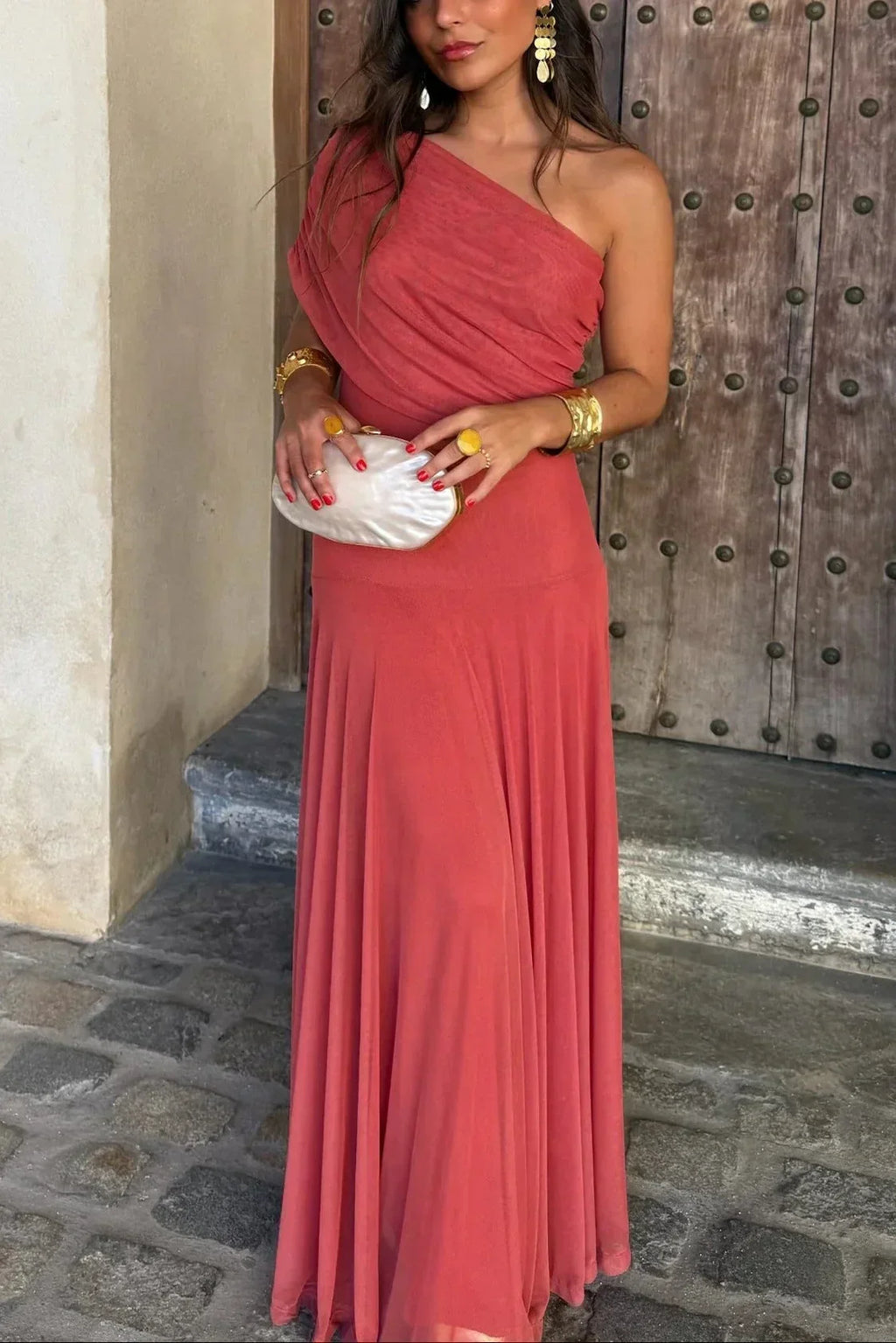 Elegant Pleated One-Shoulder Maxi Dress