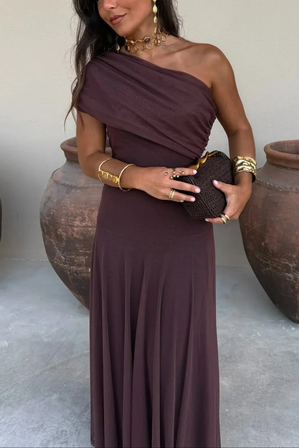 Elegant Pleated One-Shoulder Maxi Dress