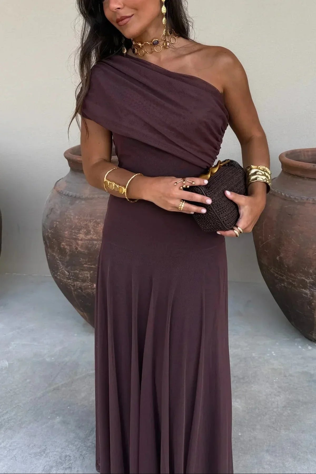 Elegant Pleated One-Shoulder Maxi Dress