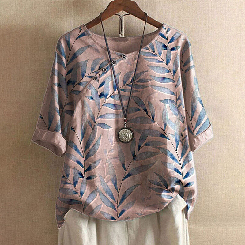 Women's Short-Sleeve Summer Shirt with Floral Pattern and Classic Collar - Pink