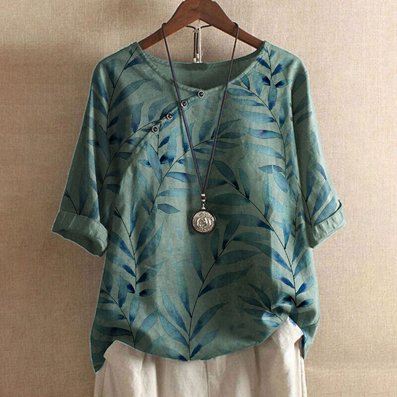 Women's Short-Sleeve Summer Shirt with Floral Pattern and Classic Collar - Green