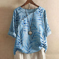 Women's Short-Sleeve Summer Shirt with Floral Pattern and Classic Collar - Blue