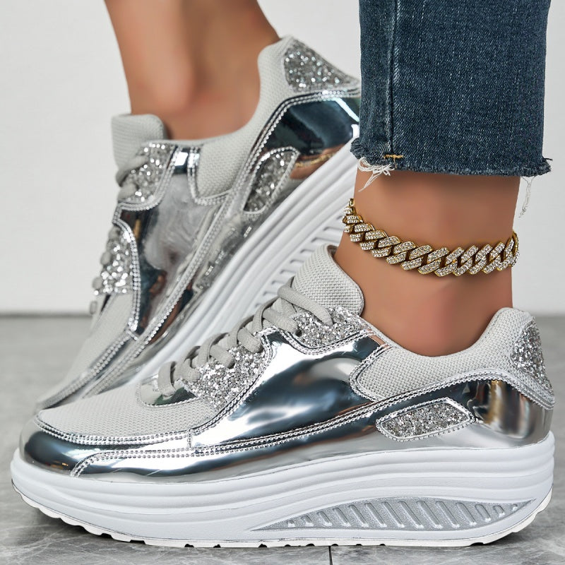 Women's Sneakers with Glitter Effect and Textured EVA Sole - Silver