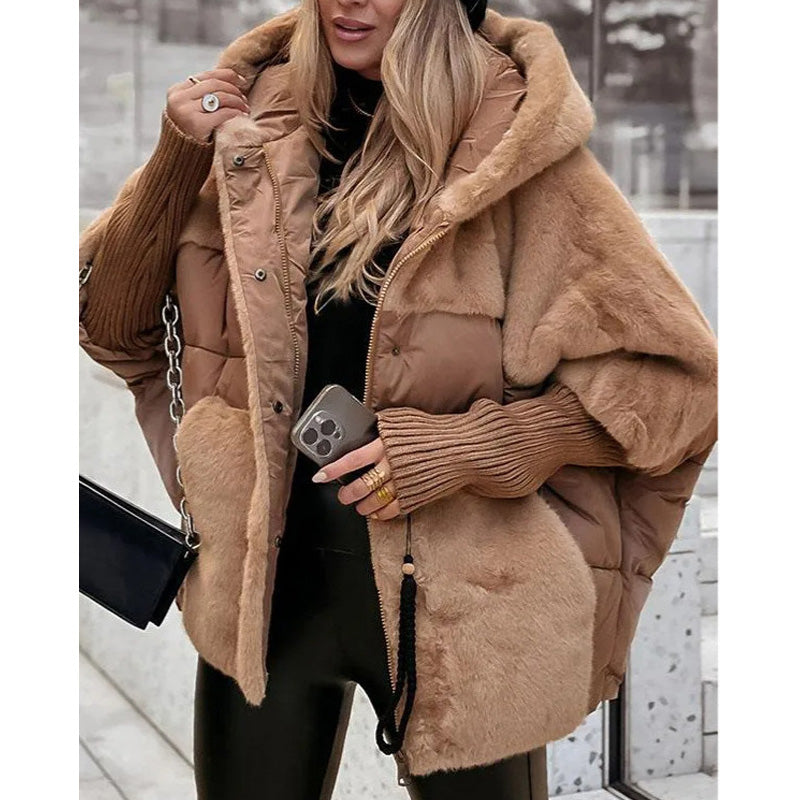 Women's Winter Quilted Jacket with Patchwork Design and Hood in Oversized Fit - Dark Khaki