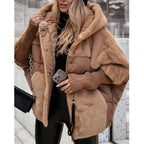 Women's Winter Quilted Jacket with Patchwork Design and Hood in Oversized Fit - Dark Khaki