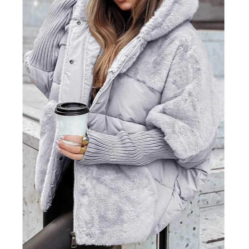 Women's Winter Quilted Jacket with Patchwork Design and Hood in Oversized Fit - Gray