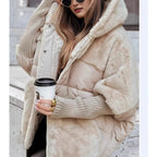 Women's Winter Quilted Jacket with Patchwork Design and Hood in Oversized Fit - Beige