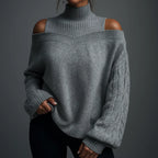 Women's Turtleneck Sweater with Cold-Shoulder Detail and Textured Knit - Stone Gray
