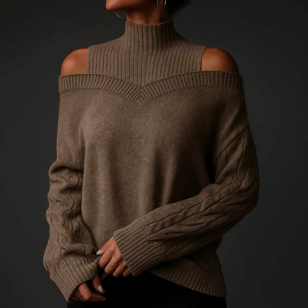 Women's Turtleneck Sweater with Cold-Shoulder Detail and Textured Knit - Khaki