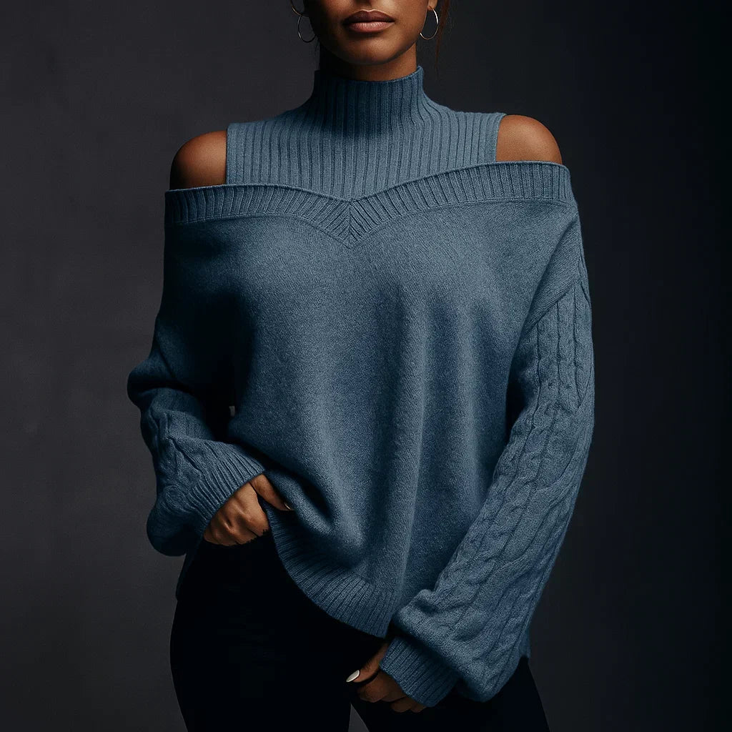 Women's Turtleneck Sweater with Cold-Shoulder Detail and Textured Knit - Peacock Blue