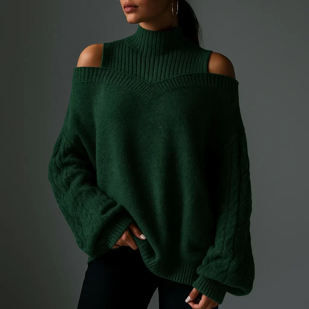 Women's Turtleneck Sweater with Cold-Shoulder Detail and Textured Knit - Forest Green
