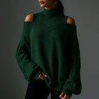 Women's Turtleneck Sweater with Cold-Shoulder Detail and Textured Knit - Forest Green