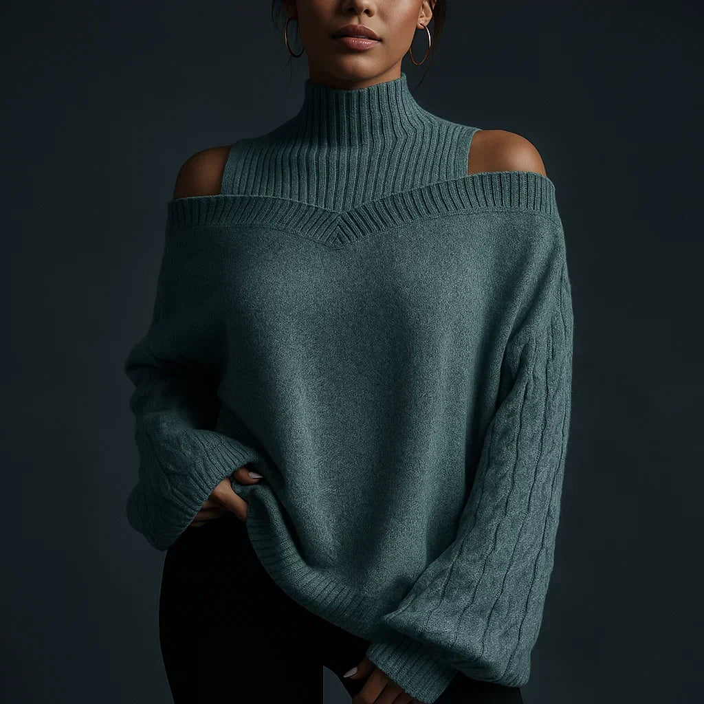 Women's Turtleneck Sweater with Cold-Shoulder Detail and Textured Knit - Peacock Teal