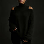 Women's Turtleneck Sweater with Cold-Shoulder Detail and Textured Knit - Onyx Black