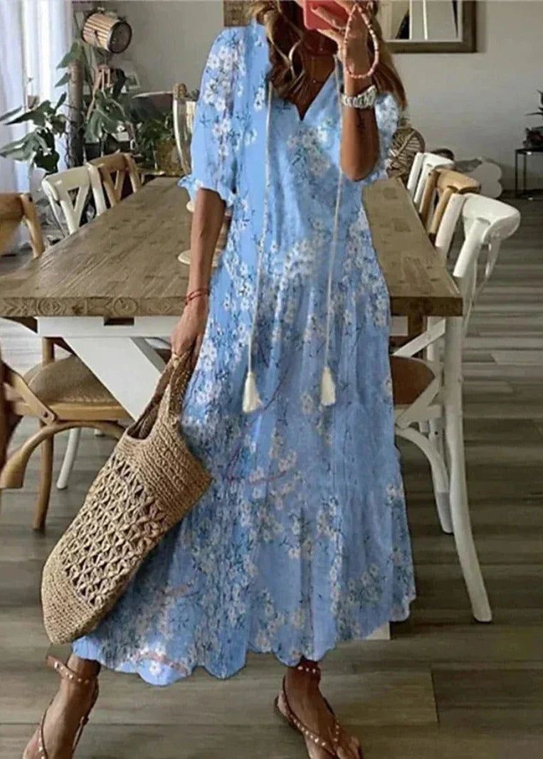 Long Summer Dress with Floral Print and Drawstring Waist | Perfect for Warm Days - Light Blue